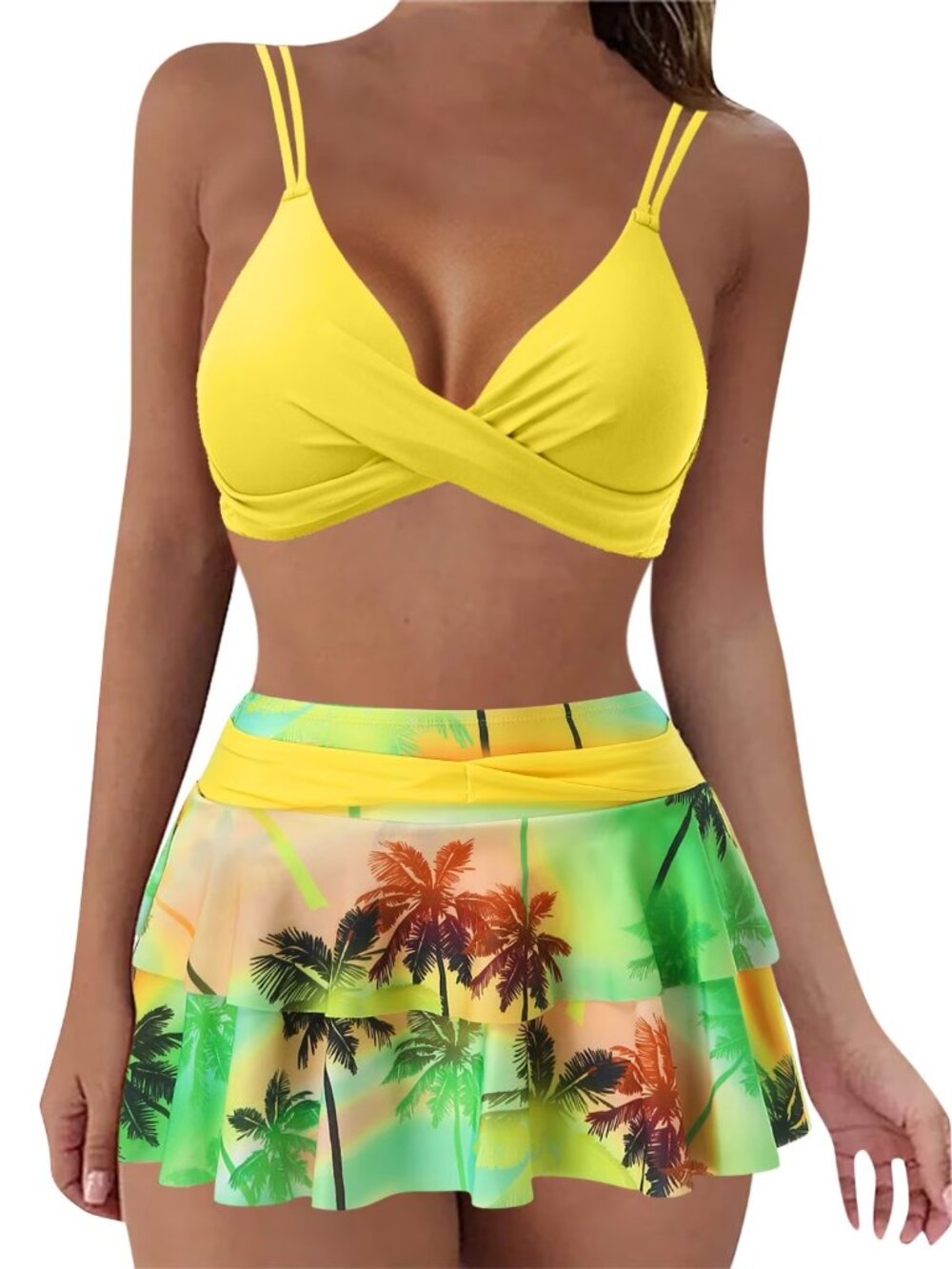 NWOT Kcodviy Women's Bikini Swim Skirt Set - Yellow & Green - US M